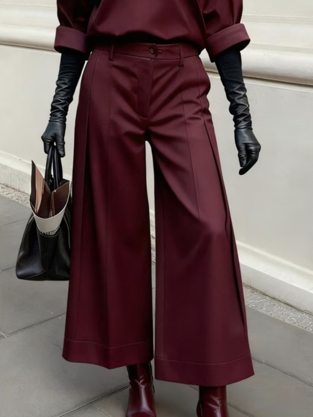 Women Burgundy High Waist Center Pleated Wide-leg Cropped Suit Pants Luxury
